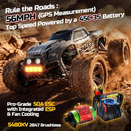 DEERC 8618 1/16 Fast Brushless RC Cars for Adults, Max 56mph, 2 3S Lipo Batteries Electric Off-Road Waterproof RC Truck,4X4 High Speed Remote Control Car, All Terrain RC Truggy for Boys