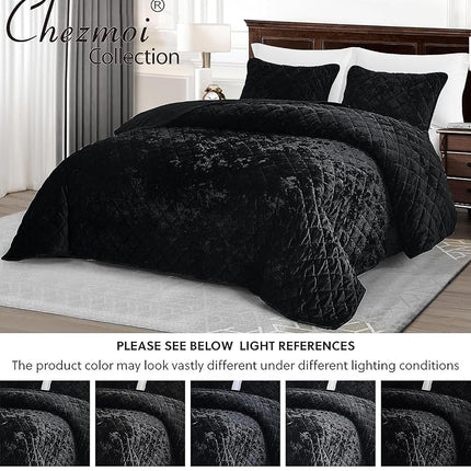 Chezmoi Collection Lux Black Velvet Quilt Oversized King Set, 3-Piece Plush Distressed Velvet Bedding All Season Lightweight Comforter Brushed Microfiber Reverse with Diamond Stitch Quilting