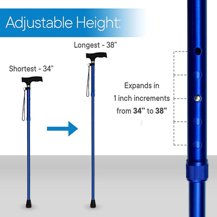Bastón Plegable RMS - Plegable, Ajustable, Ligero de Aluminio con Mango Desplazado - Bastón Plegable con Mango Ergonómico Derby - Ayuda Ideal para la Vida Diaria para Movilidad Limitada (Azul)