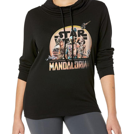 Fifth Sun Mandalorian Charcter Action Pose Women's Long Sleeve Cowl Neck Pullover, Black, X-Small