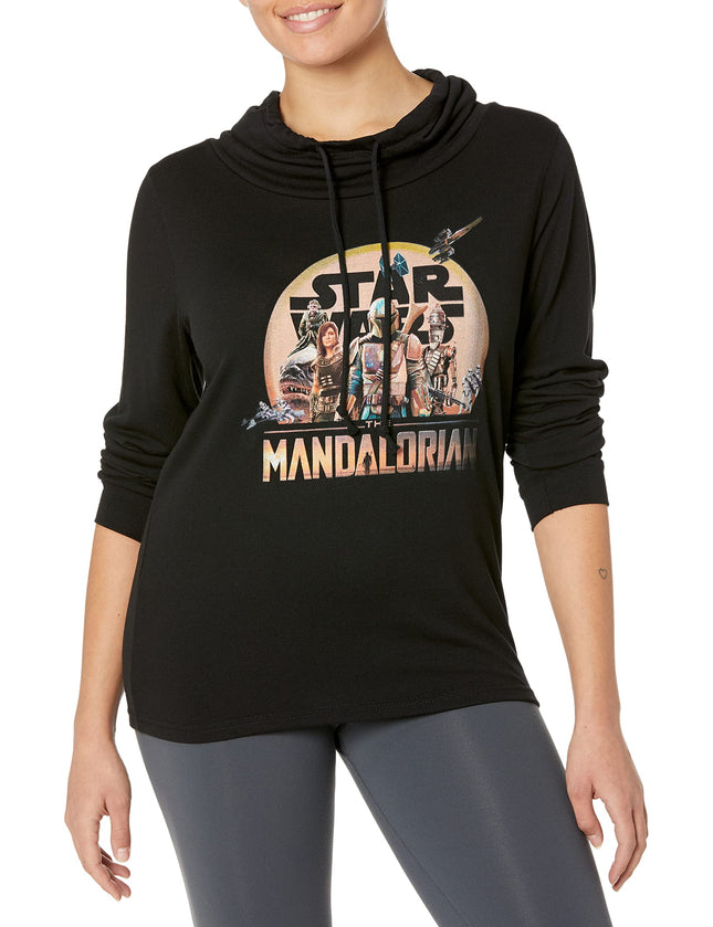 Fifth Sun Mandalorian Charcter Action Pose Women's Long Sleeve Cowl Neck Pullover, Black, X-Small