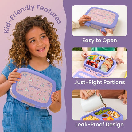 Bentgo® Kids Prints Leak-Proof, 5-Compartment Bento-Style Kids Lunch Box - Ideal Portion Sizes for Ages 3 to 7 - BPA-Free, Dishwasher Safe, Food-Safe Materials (Carousel Unicorns)
