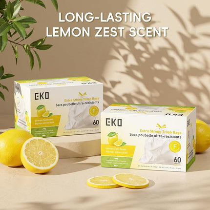 EKO 40-60L Drawstring Bin Liners, 60 Count Lemon Rubbish Bags, Code F
