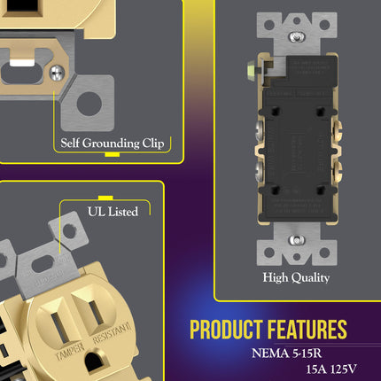 ENERLITES Elite Series Duplex Receptacle, Residential Grade Wall Outlet, Duplex Electrical Outlet, Self-Grounding, 3-Wire, 2-Pole, 15A 125V, UL Listed, 61580-GD, Gold