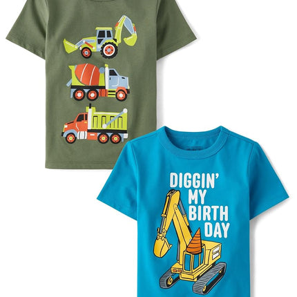 The Children's Place T-shirts graphiques à manches courtes pour bébés et tout-petits garçons, motif véhicules, paquet de 2, Anniversaire Engin de chantier, 3T
