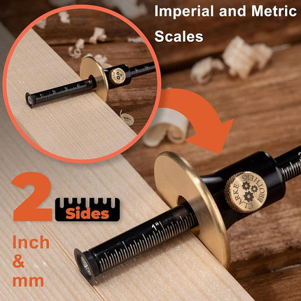 clarke Brothers Wheel Marking Gauge - Woodworking Marking Scriber Kit With 2 Replacement Cutters - Wood Marking Tools With Graduated Inch & MM Scale - Solid Metal Bar Wood Scribe Tool For Carpenter
