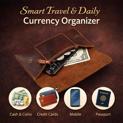 The Antiq Leather Currency Pouch, Currency Organiser, Dollar Bills Holder, Bills Organizer, Money Envelope with Mobile Pocket, Money Bag for Men and Women (Brown)
