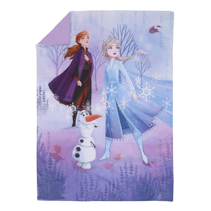 Disney Frozen 2 Lavender, Light Blue and Purple Forest Spirit 4 Piece Toddler Bed Set - Comforter, Fitted Bottom Sheet, Flat Top Sheet, Reversible Pillowcase
