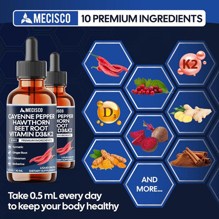 2 Packs of 30ml - Cayenne Pepper Liquid Drops with Vitamin D3, Vitamin K2, Hawthorn Berry, Beet Root, Ginger, Ceylon Cinnamon, Turmeric, Berberine - 120 Day Supply