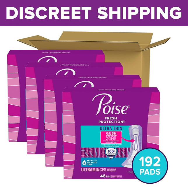 Poise Ultra Thin Incontinence Pads & Postpartum Pads for Bladder Leaks, 4 Drop Moderate Absorbency, Long Length, 192 Count (4 Packs of 48), Packaging May Vary