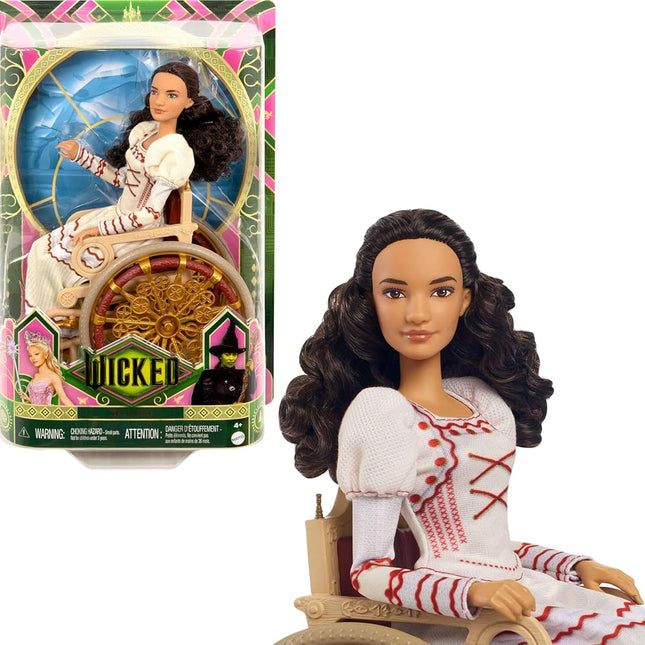 Mattel Universal Wicked Nessarose fashion doll and accessories, including wheelchair, with brown curly hair, possible and removable ballroom look