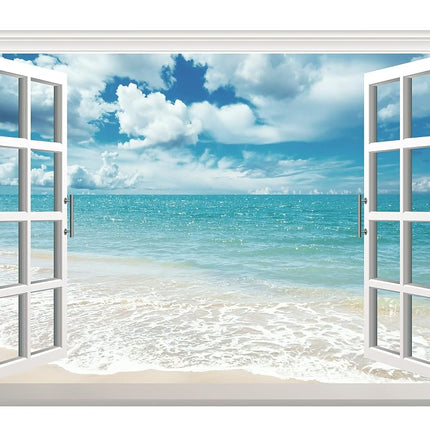 FLFK Fake Window Wall Sticker - Summer Beach Faux 