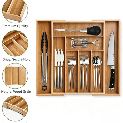 KITCHENTREND Organizador expandible de bambú para cubiertos, organizador de cubiertos ajustable para cajones de cocina, organizador de utensilios para la organización de la cocina (6-8 ranuras)