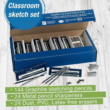 Faber-Castell Graphite Art Pencil School Pack - 144 Graphite Pencils - 24 Sharpeners - 24 Erasers
