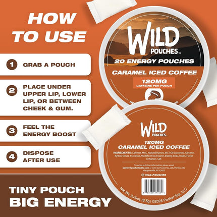 Wild 20 x 120mg Caffeine Pouches Nicotine Free Caramel Coffee - 1 x Can of Energy Pouches - Caffeine Pouch