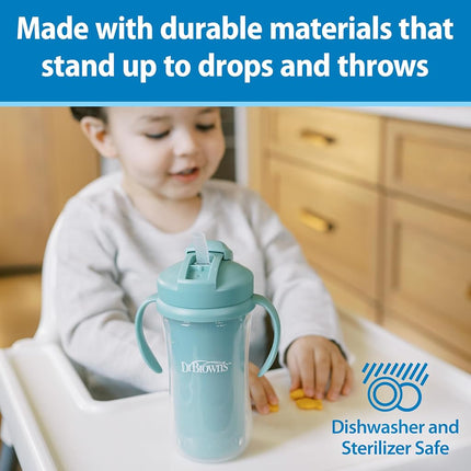 Dr. Brown's Milestones Insulated Tumbler with Straw and Handles, Leak-Proof Vacuum Insulated Tumbler with Lid, 10 oz, BPA Free, Green (Pack of 2)