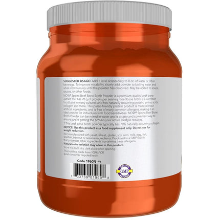 NOW Sports Nutrition, Beef Bone Broth Powder made with Premium-Quality Beef Bone Extract , 1.2-Pound