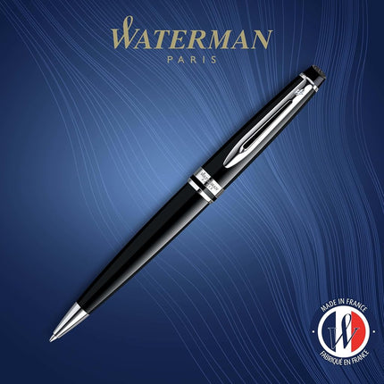 Waterman Expert Ballpoint Pen | Gloss Black with Chrome Trim | Medium Tip | Blue Ink | Gift Box