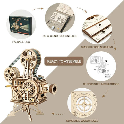 ROKR 3D Wooden Puzzles for Adults, Mechanical Vitascope Movie Projector Model Kit, Hand-Cranked DIY Wood Craft Building Set