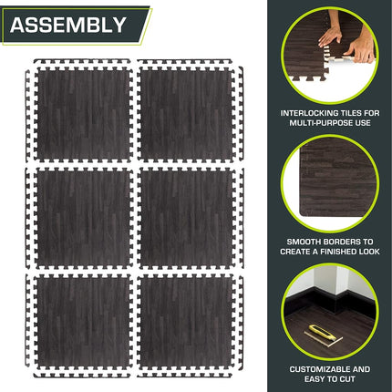 ProsourceFit Wood Grain Puzzle Mat 1/2-inch, 6 EVA Foam Interlocking Floor Tiles (24 SQ FT) for Secure Indoor Gym Flooring, Office Spaces, Living Rooms, and Play Areas, Carbon Black