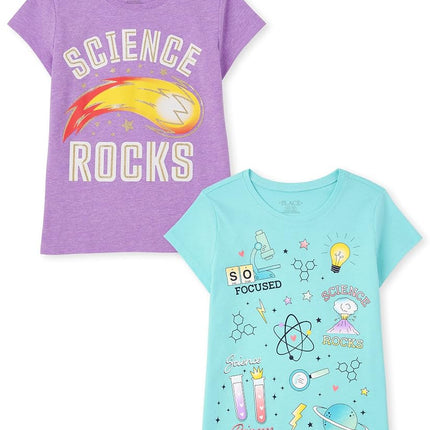 The Children's Place Girls' Short Sleeve Graphic T-Shirt 2-Pack, Science/Science Rocks, X-Large