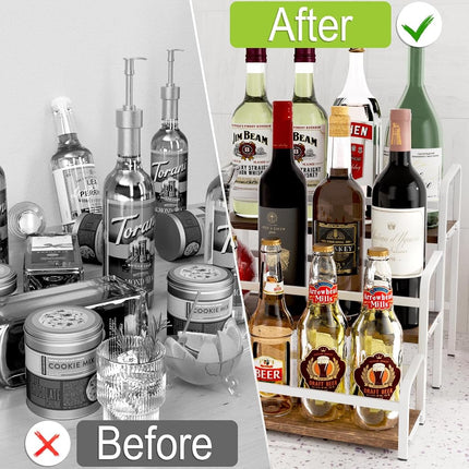 Estante de jarabe de café de 3 niveles para encimera, soporte para jarabe de 12 botellas de gran capacidad con estante de madera y marco de metal para barra de café, estación organizadora de café blanca premium/botellero para almacenamiento de cocina