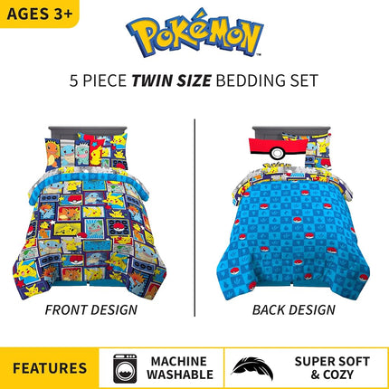 Juego de edredón y sábanas supersuaves Franco Kids con funda, 5 piezas tamaño individual, Pokémon