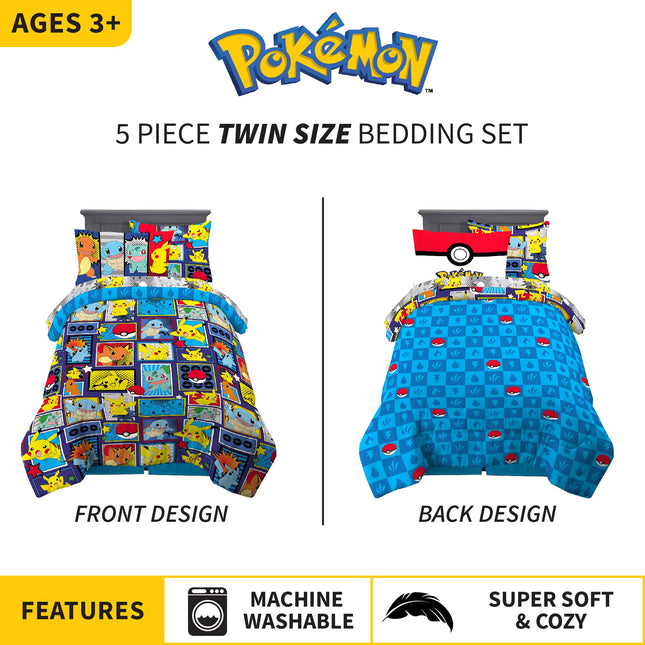 Franco Kids Bedding Super Soft Comforter and Sheet Set with Sham, 5 Piece Twin Size, Pokemon