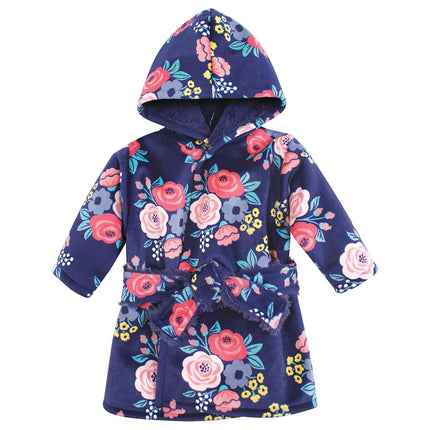 Hudson Baby Infant Girls Mink with Faux Fur Lining Pool and Beach Robe Cover-ups, Navy Bold Floral, 18-24 Months