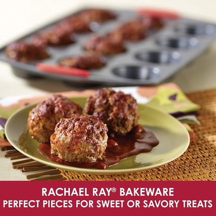 Rachael Ray Yum-o! Nonstick Bakeware 12-Cup Muffin & Cupcake Tin with Grips - Gray with Red Grips