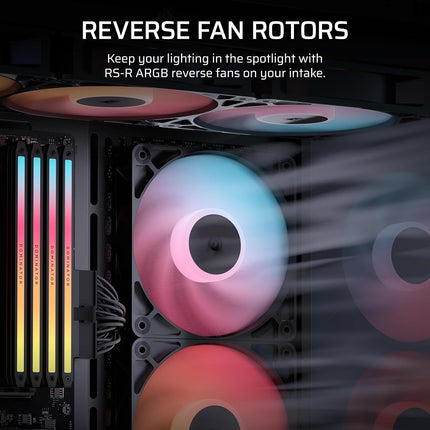 CORSAIR RS120-R ARGB 120mm PWM Reverse Flow Fan - +5V ARGB Connections, 8 RGB LED, High Pressure, Daisy Chain, Magnetic Bearing, Zero RPM, Pack of 3 - Black
