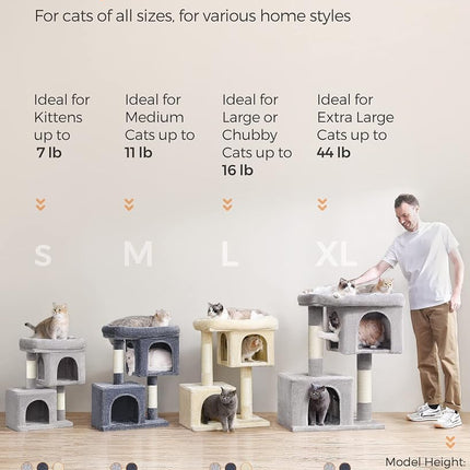 Feandrea Cat Tree Tower, 67 cm, S, Condo for Kittens up to 7 lb, Large Perch, 2 Caves, Scratching Post, Beige UPCT611M01