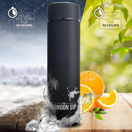 Here & Now Supply Co. Multi-Purpose Travel Mug and Tumbler | Tea Infuser Water Bottle | Fruit Infused Flask | Hot & Cold Double Wall Stainless Steel Coffee Thermos | Extra Long Infuser | by (Black)