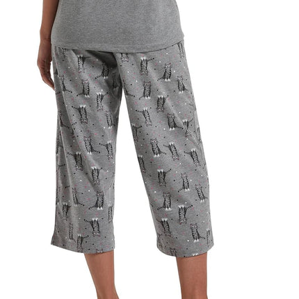 HUE Women's Basic Printed Knit Capri Pajama Sleep Pant, Made with Temperature Control Technology Bottoms, Medium Grey Heather-Sweet Kitty