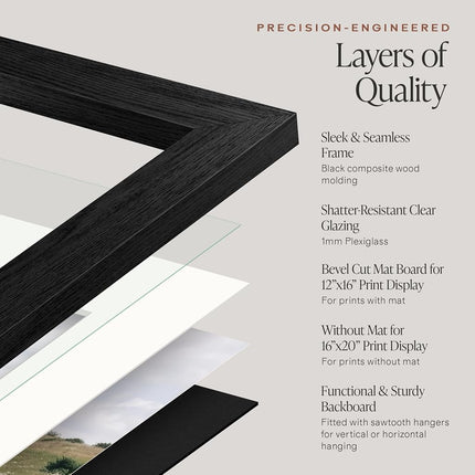 Americanflat 16x20 Poster Frame - Black Engineered Wood with Polished Plexiglass - Matted to 12x16 Photo Size - Hudson Collection - Wide Picture Frame for Wall Display - Black