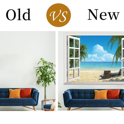 FLFK Fake Window Wall Sticker - Summer Beach Faux Window Wall Mural for Wall Decor, Stick and Peel Wall Decals, 80"x60", Set of 5 Sheets