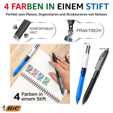 BIC 4 Colours Grip Pro Retractable Medium Point (1.0 mm) Ballpoint Pens, 12 Pens And Each Pen Contains 4 Colours