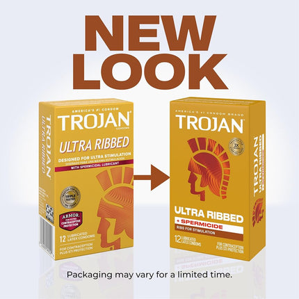 Trojan Condom Stimulations Ultra Ribbed Spermicidal, 12 Count