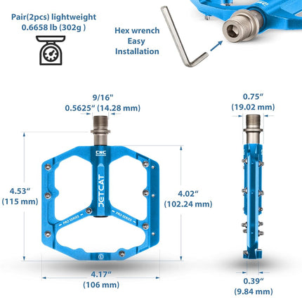 JETCAT Mountain Bike Pedals Flat - MTB Pedals Flat, Bicycle Pedals, Road Bike Pedals, BMX Pedals, for BMX MTN Road Gravel EBike, Specialized, Adults, Aluminum Metal Stamp 9/16" Light Blue