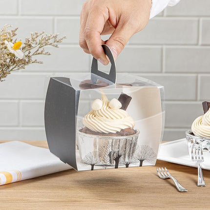 Restaurantware-4 Inch x 4.25 Inch Individual Cupcake Boxes, 100 Disposable Cupcake Display Boxes - with Handle, Tree Accent, Clear Plastic Single Cupcake Containers, for Weddings Or Birthdays