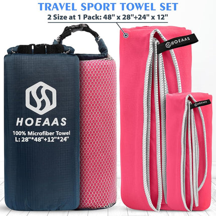 Microfiber Sport Travel Towel Set-(L -48"x28"+24"x12")-Quick Dry, Absorbent, Ultra Compact Towels-Fit for Beach Yoga Golf Gym Camping Backpacking Hiking+Hand Towel&Carry Pouch(L HPink)