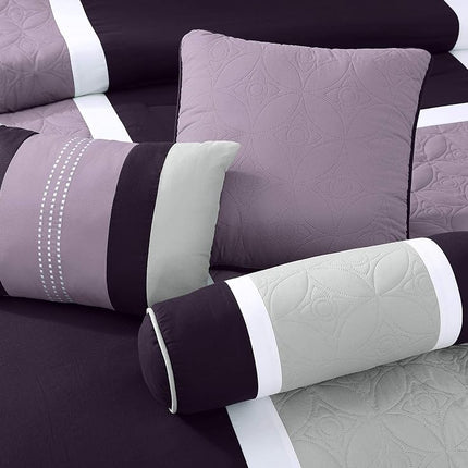 Chezmoi Collection Upland 7-Piece Quilted Patchwork Comforter Set, Lavender/Gray/Purple, King