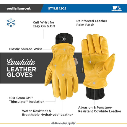 Gants de travail d'hiver en cuir HydraHyde pour hommes de Wells Lamont | Résistants à l'eau | Isolés | TP-Grand (1202XX)