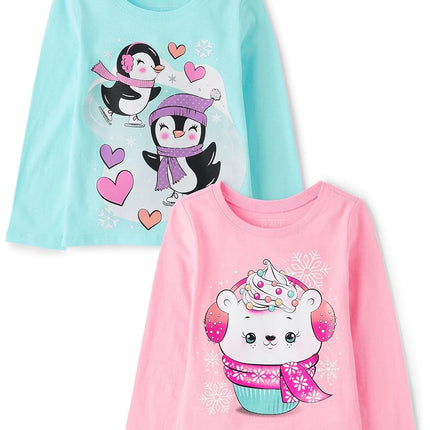 The Children's Place Camisetas gráficas de manga larga de animales para bebés y niñas pequeñas, paquetes múltiples, paquete de 2 pingüinos/oso Magdalena, 18-24 meses