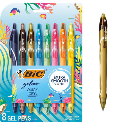 BIC Gelocity Quick Dry Ocean Themed Gel Pens, 8-Count Gel Pen Set, Medium Point (0.7mm), Assorted Colors
