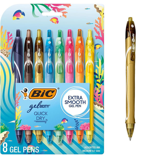 BIC Gelocity Quick Dry Ocean Themed Gel Pens, 8-Count Gel Pen Set, Medium Point (0.7mm), Assorted Colors