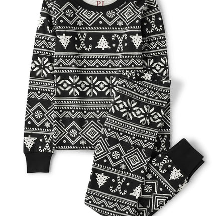 The Children's Place Pyjamas de Noël Festifs Assortis pour toute la Famille, en Coton, Motif Fair Isle – Noir, Taille 16
