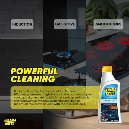 Cerama Bryte Combo Kit POW-R Grip, Scraper, Pad & Removes Tough Stains Cooktop and Stove Top Cleaner for Glass - Ceramic Surfaces, 10 Ounces, 4 Piece