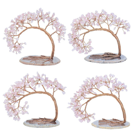 mookaitedecor Natural Rose Quartz Crystal Gemstones Money Tree Agate Slice Base Feng Shui Bonsai Crystal Tree for Wealth Luck Desk Decor, 4.5-5.2 Inch High