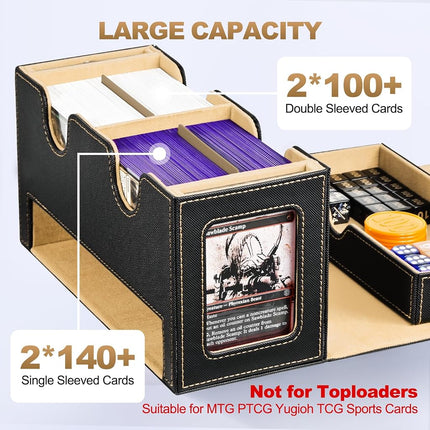 UAONO MTG Deck Box with 2 Commander Display and Dice Tray-Patented Design, Double Deck Box for 280+ Single Sleeved Cards, Leather Magnetic Card Storage Box Fits for TCG CCG Magic Cards (Black&Khaki)